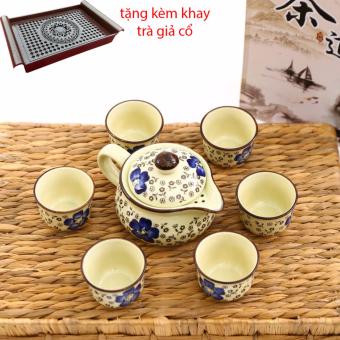 Bộ ấm chén pha trà hoa đào Nhật + tặng kèm khay trà giả cổ Tiến Mạnh  