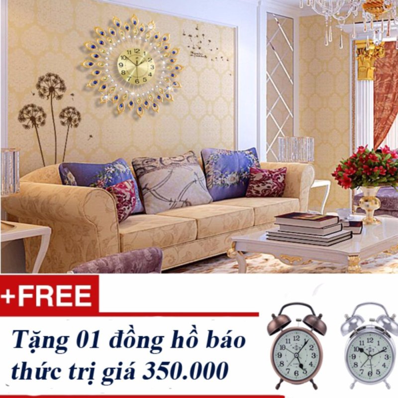 Nơi bán Đồng hồ treo tường trang trí đuôi công ngũ sắc + Tặng 01 đồng hồ báo thức(Vàng)