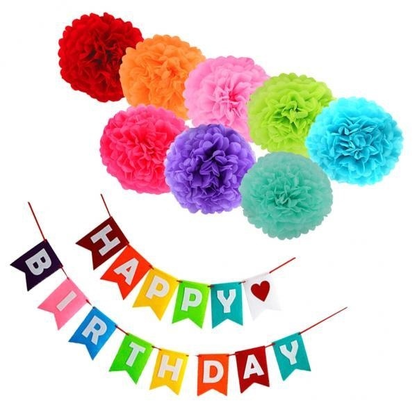 MagiDeal Colorful Happy Birthday Banner Garland Paper Pom Pom Flowers Party Decor Kit - intl