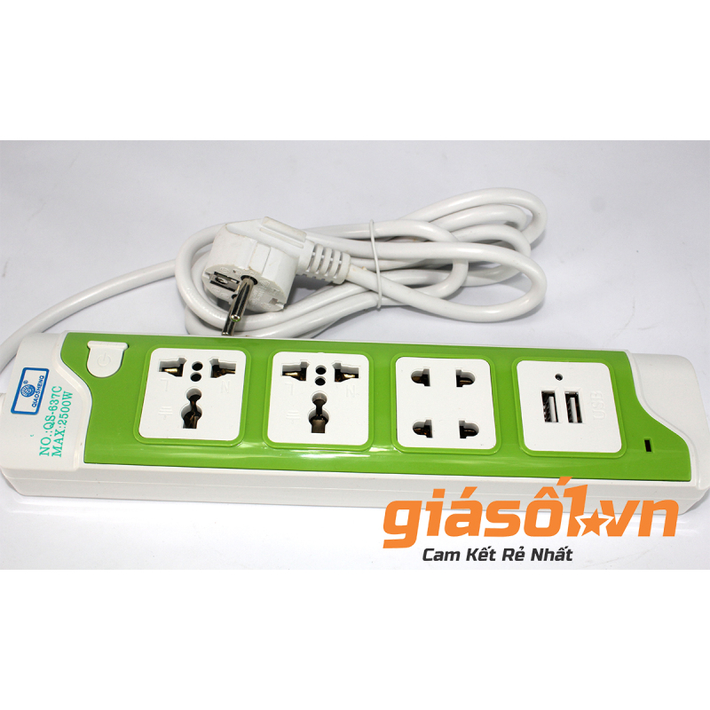Bảng giá Ổ cắm 3 lỗ,2 cổng USB có nút tắt mở QS-637C (Xanh lá)