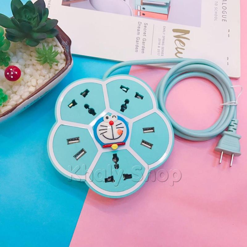 Bảng giá Ổ cắm điện đa năng , Ổ sạc , 5 ổ ( 3 ổ ghim điện và 4 cổng usb) kiểu dáng bông hoa hình Doraemon màu xanh dài 1m8 - 310YSK309280 - (14.5x14.5x6.5cm)
