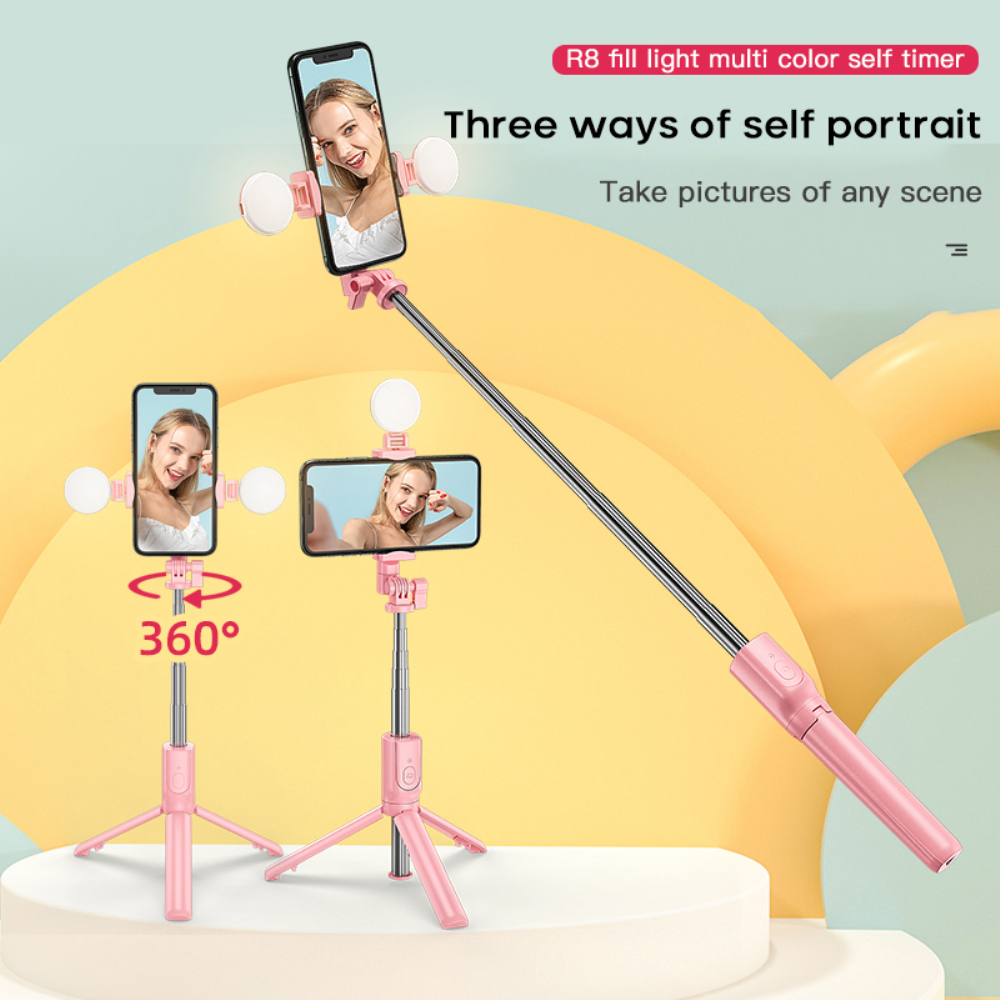 Gardenjuwe 2-In-1บลูทูธแบบพกพาR8 Selfie Stickคู่เติมไฟวงแหวนสำหรับiPhone Xiaomi Samsungขาตั้งกล้องพับได้