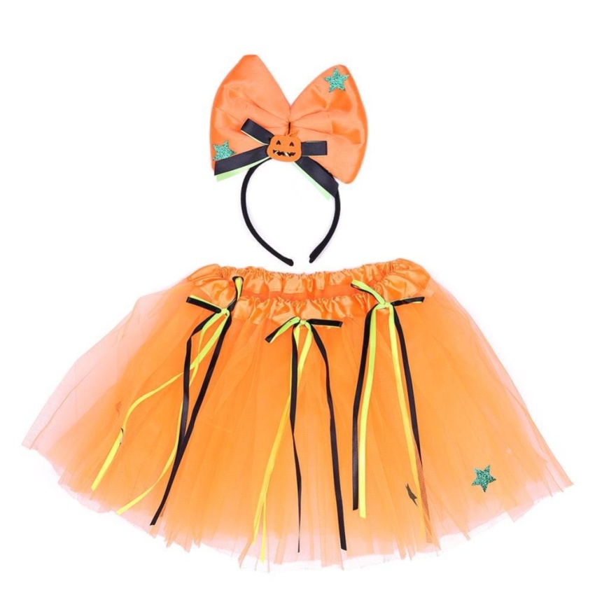 Hình ảnh Girl Bow Knot Halloween Pumpkin Sequins Grenadine Skirt Head Band Set - intl