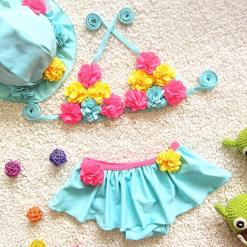 Nơi bán Girls Two-piece Swimwear Floral Bikini Set Swimming Hat Beachwear for Baby Kids Blue - intl