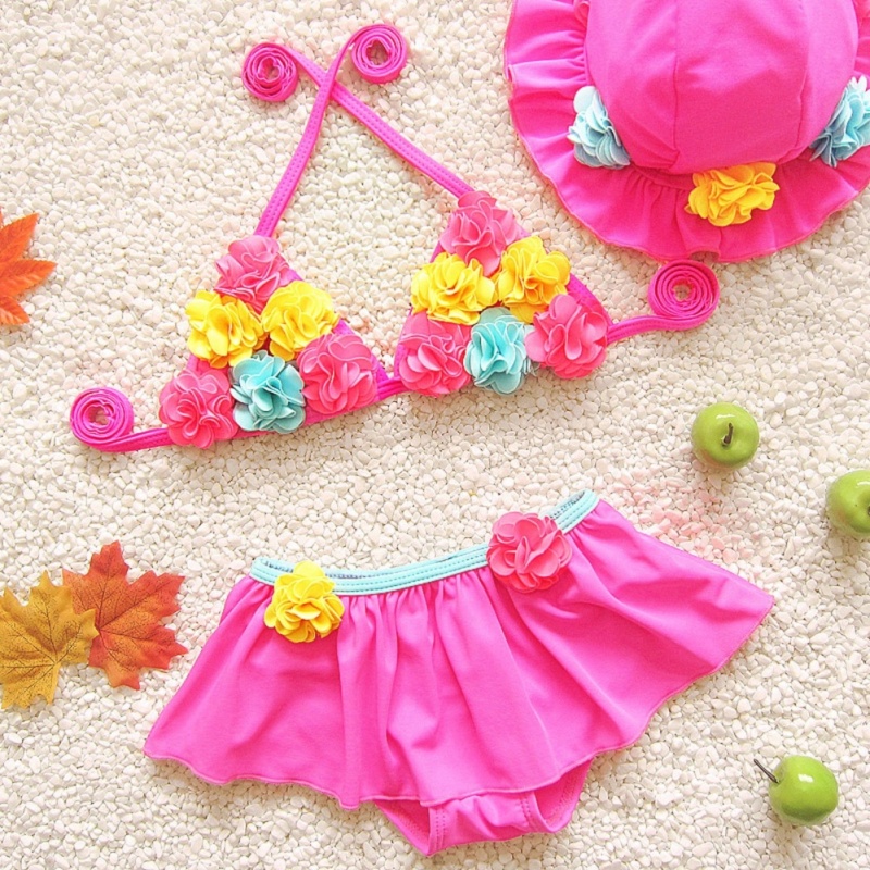 Nơi bán Girls Two-piece Swimwear Floral Bikini Set Swimming Hat Beachwear for Baby Kids Rose - intl