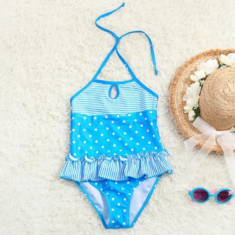 Nơi bán Summer Children Swimwear Girls Striped Dot Halter Swimwear Jumsuit (Blue) - intl