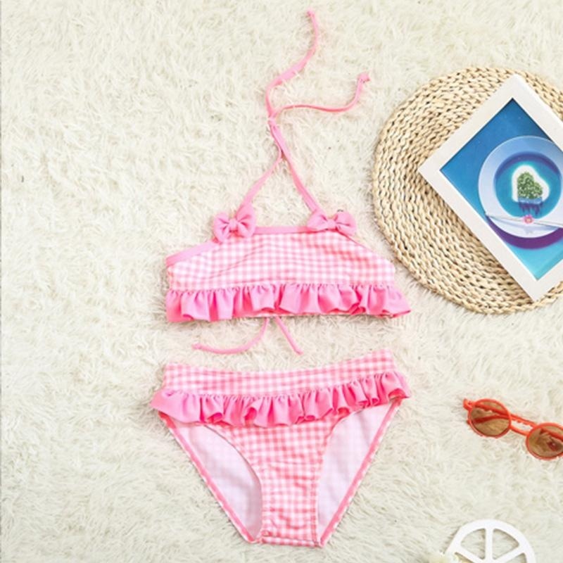 Nơi bán Summer Children Swimwear Girls Sweet Halter Grid Bow Swimsuit (Pink) - intl