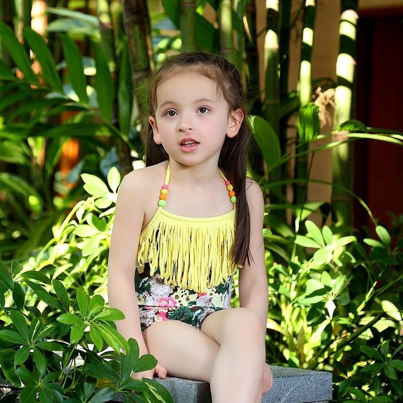 Nơi bán Summer Children Swimwear Girls Tassel Floral Bandage Sling-Piece Swimsuit With Hat (Yellow) - intl