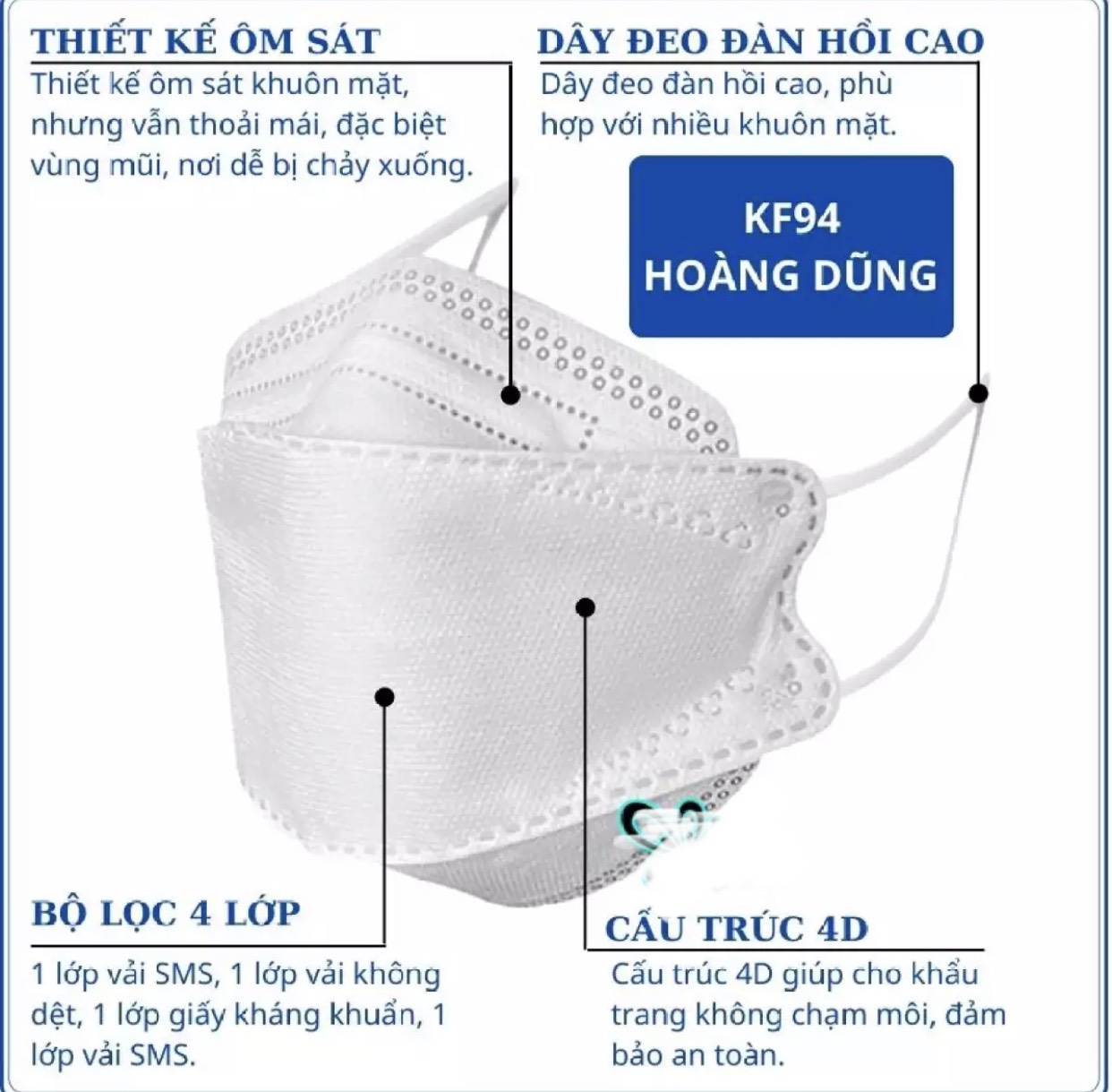 Chiếc Khẩu Trang Kháng Khuẩn 4D Hoàng Dũng Mask KF94, Đạt Chuẩn Hàn Quốc, Kháng Khuẩn - Ngăn Ngừa Vi Khuẩn