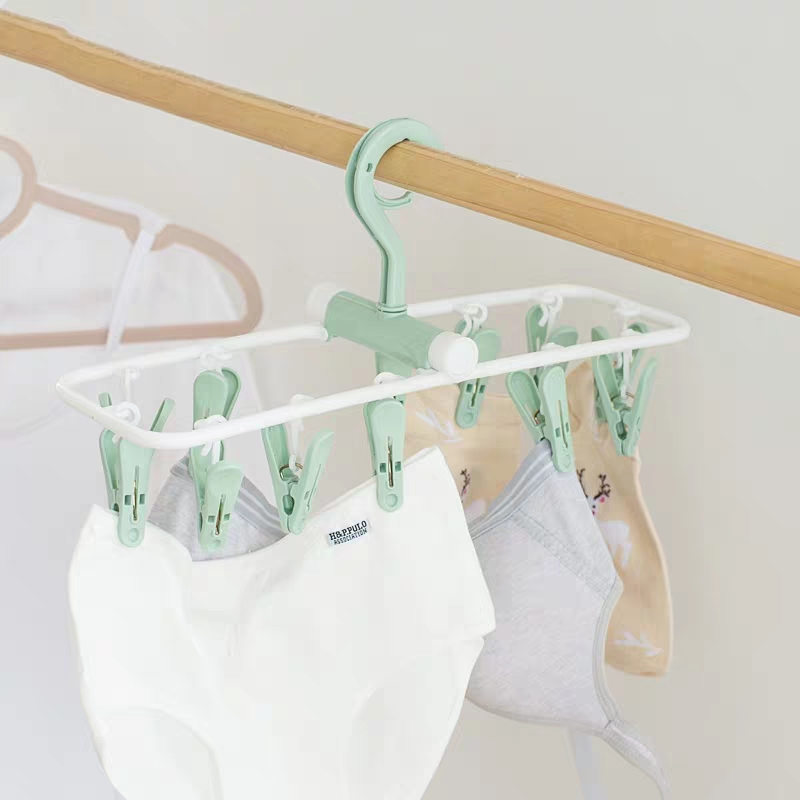 Móc Nhựa Chùm 12 Kẹp Phơi Đồ Thông Minh Xoay 360 độ, Gấp Gọn,Chống Gió, Phơi Đồ Cho Trẻ Nhỏ, Quần Áo, Vớ, Tất, Đồ Lót