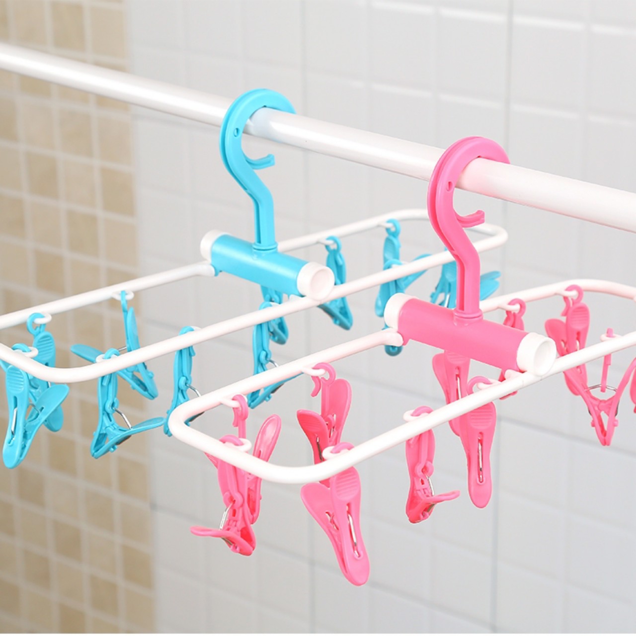 Móc Nhựa Chùm 12 Kẹp Phơi Đồ Thông Minh Xoay 360 độ, Gấp Gọn,Chống Gió, Phơi Đồ Cho Trẻ Nhỏ, Quần Áo, Vớ, Tất, Đồ Lót