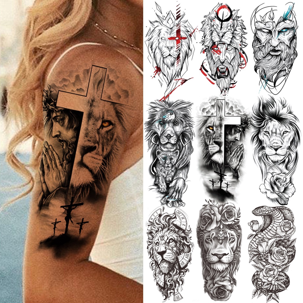 Cross Lion Temporary Tattoos For Women Men Kids Adult Black Snake God  Tatoos Realistic Fake Evil Demon 3D Flower Tattoo Sticker | Lazada PH