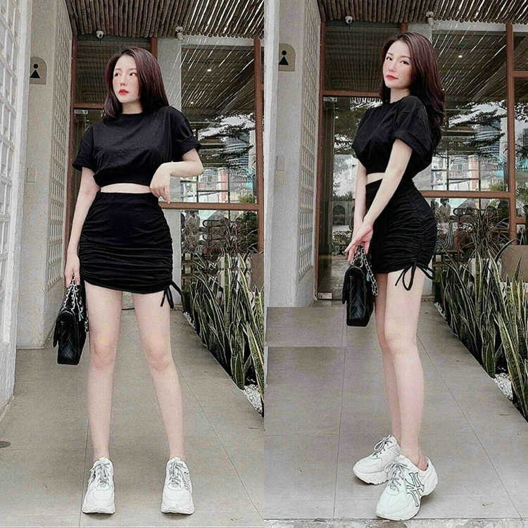 Set bộ gồm áo croptop mix cổ trắng chân váy xếp ly | Set Bộ Công Sở