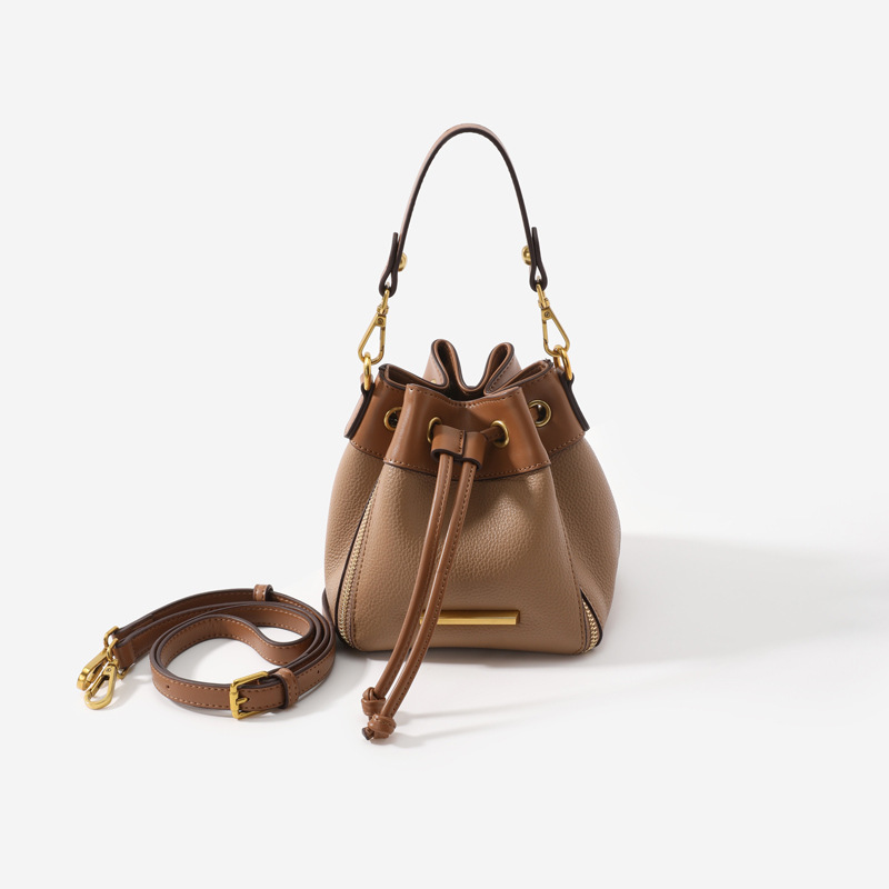 Genuine Leather Drawstring Small Bucket Bag - High-End Fashion