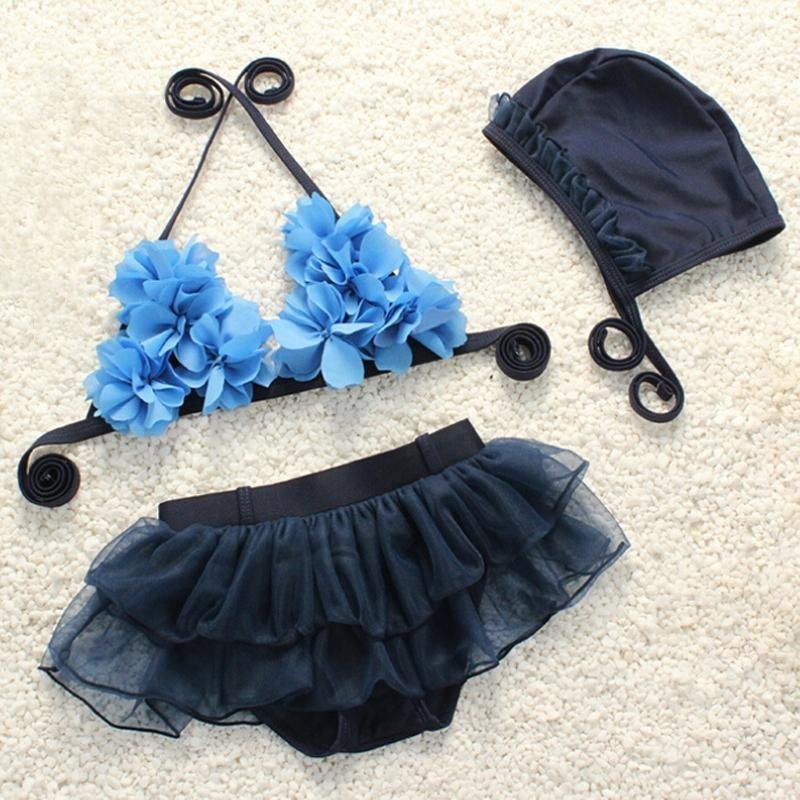 Nơi bán 3 Piece Little Girls' Bikini Swimsuit Set 3D Flower Top & Bubble Short with Cap - L - intl