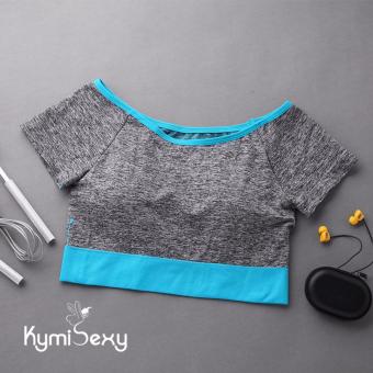 Áo thun nữ tập thể thao tay ngắn Kymisexy (Xám viền xanh)  