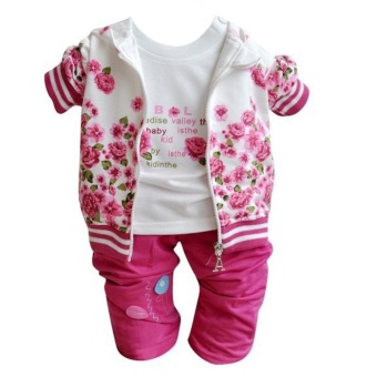 Baby Girls Floral Clothing Set Tops with Coat with Pants (Rose Red) - intl  