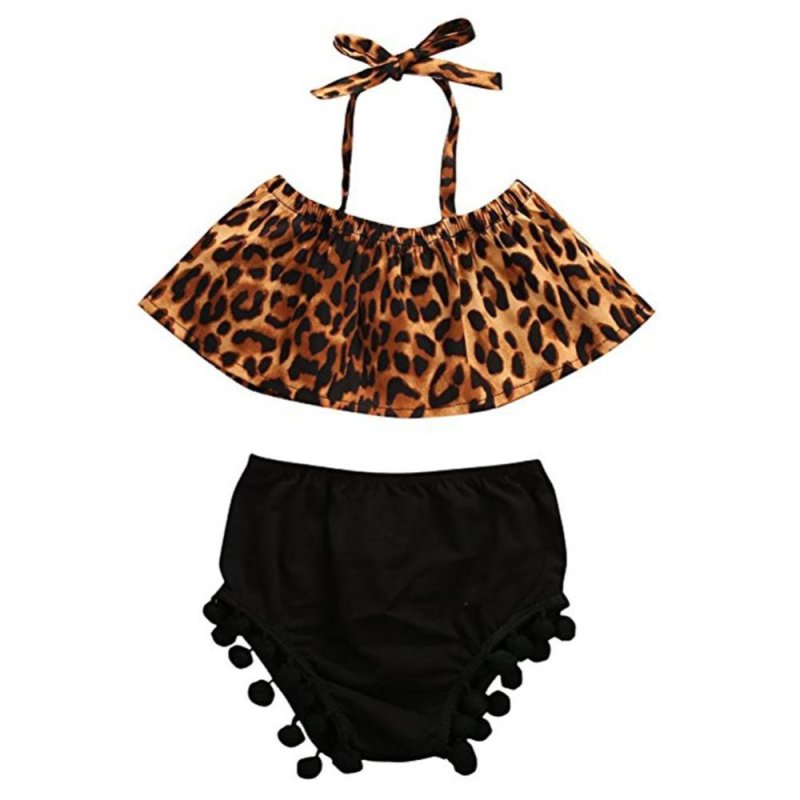 Nơi bán Fangfang Children Girl Bikini Set Leopard Print Lotus Leaf Collar
off Shoulder Top Pom Shorts - intl