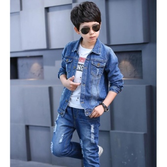 Fashion Boys Sets Denim Jacket+Jeans 2PCS Kids clothing(Blue) - intl  