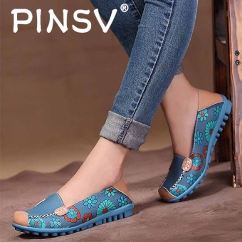 PINSV Women Leather Shoes Slip-on Moccasin Mom Anti-skid Loafers-Blue - intl  