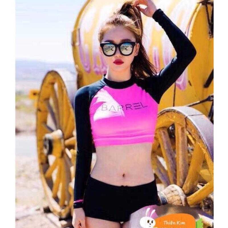 Nơi bán Set đồ bơi hai mảnh quần đùi áo croptop tay dài (Trắng Xanh)