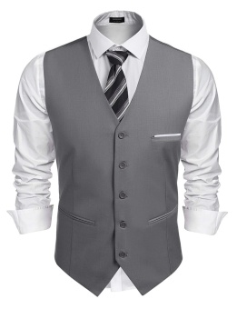 TOP SALE Men V-Neck Sleeveless Patchwork Slim Fit 5-Button Business Suit Vest (Grey) - intl  
