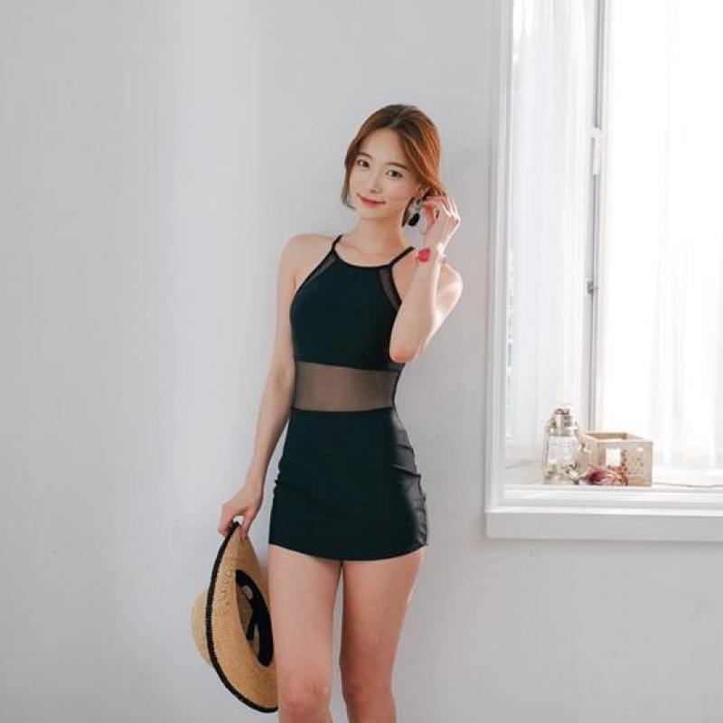 Nơi bán Women Fashion Black Mesh Solid Color Backless Halter One Piece Swimsuit - intl