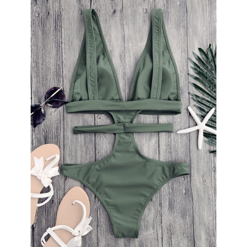 Nơi bán ZAFUL Womens Plunging Neck Cut Out Bandage Swimwear(Light Green) - intl