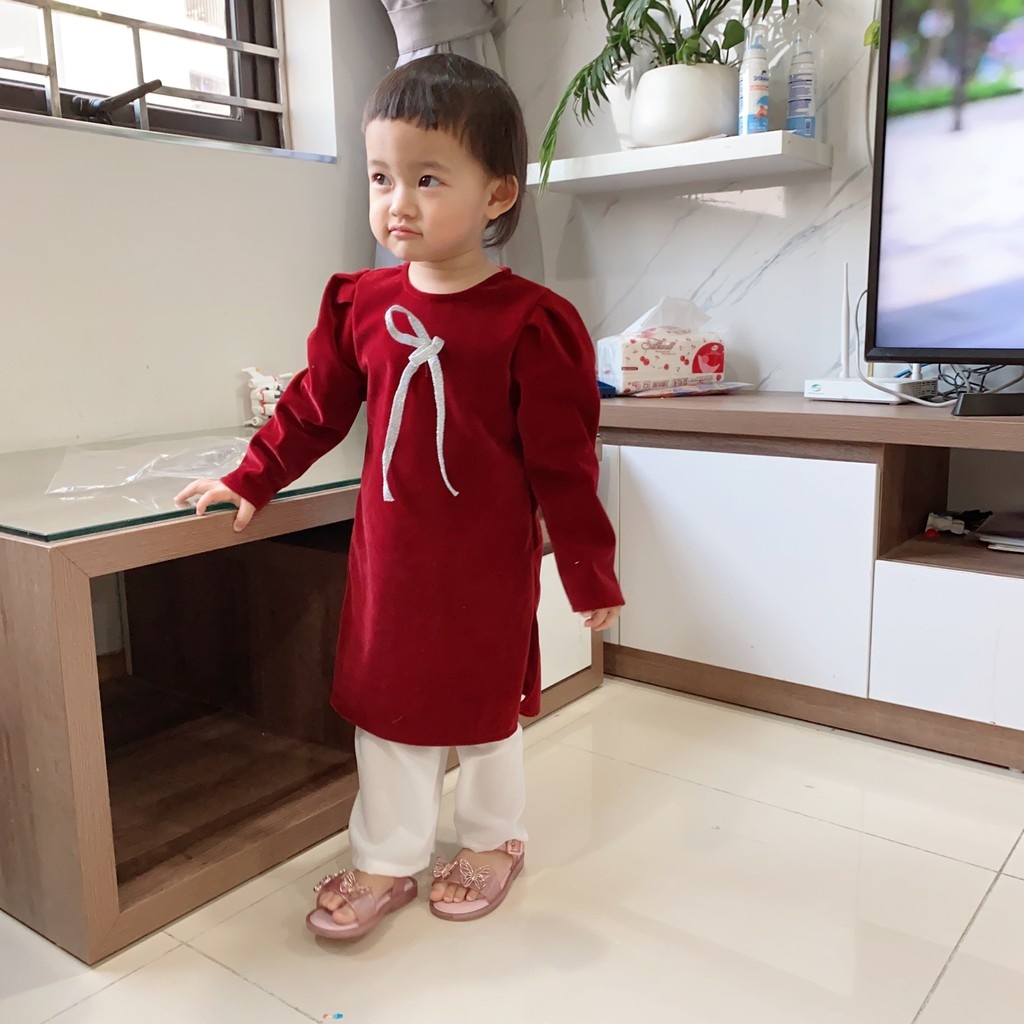 áo dài cho bé gái mặc tết chất nhung thiết kế basic cao cấp đính nơ siêu đẹp qate02 2