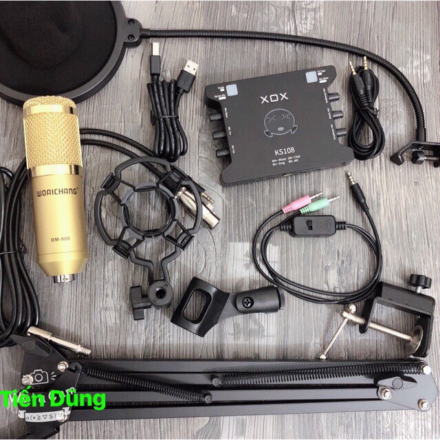 Combo bộ livestream mic BM900 và sound card XOX ks108 Chân kẹp màng lọc Bộ
