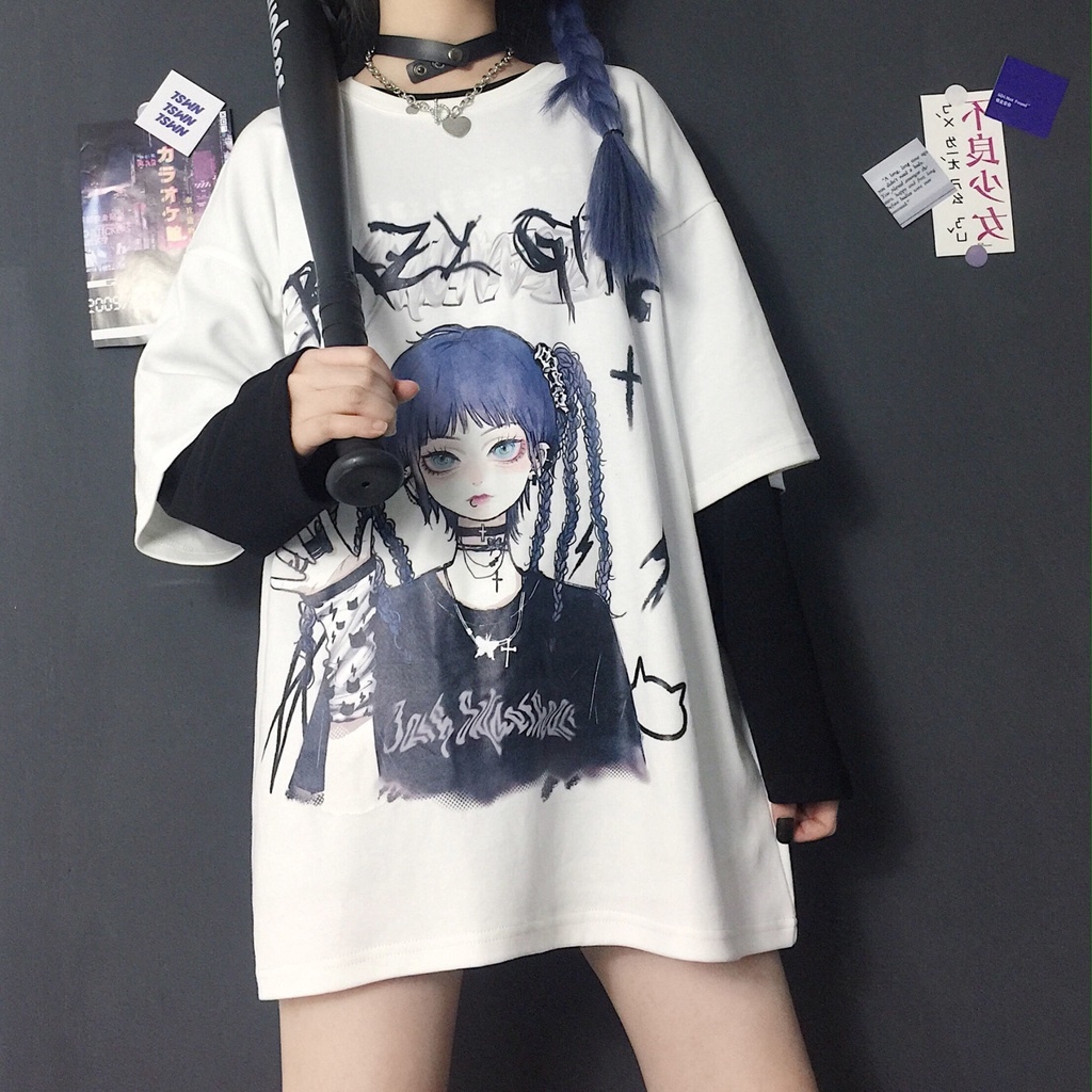 ♟✸ 2022 New Hip-hop Short-sleeved Female Gothic Summer Harajuku Style JK  Loose Dark Black Anime Large Size Top Ins Shirt 