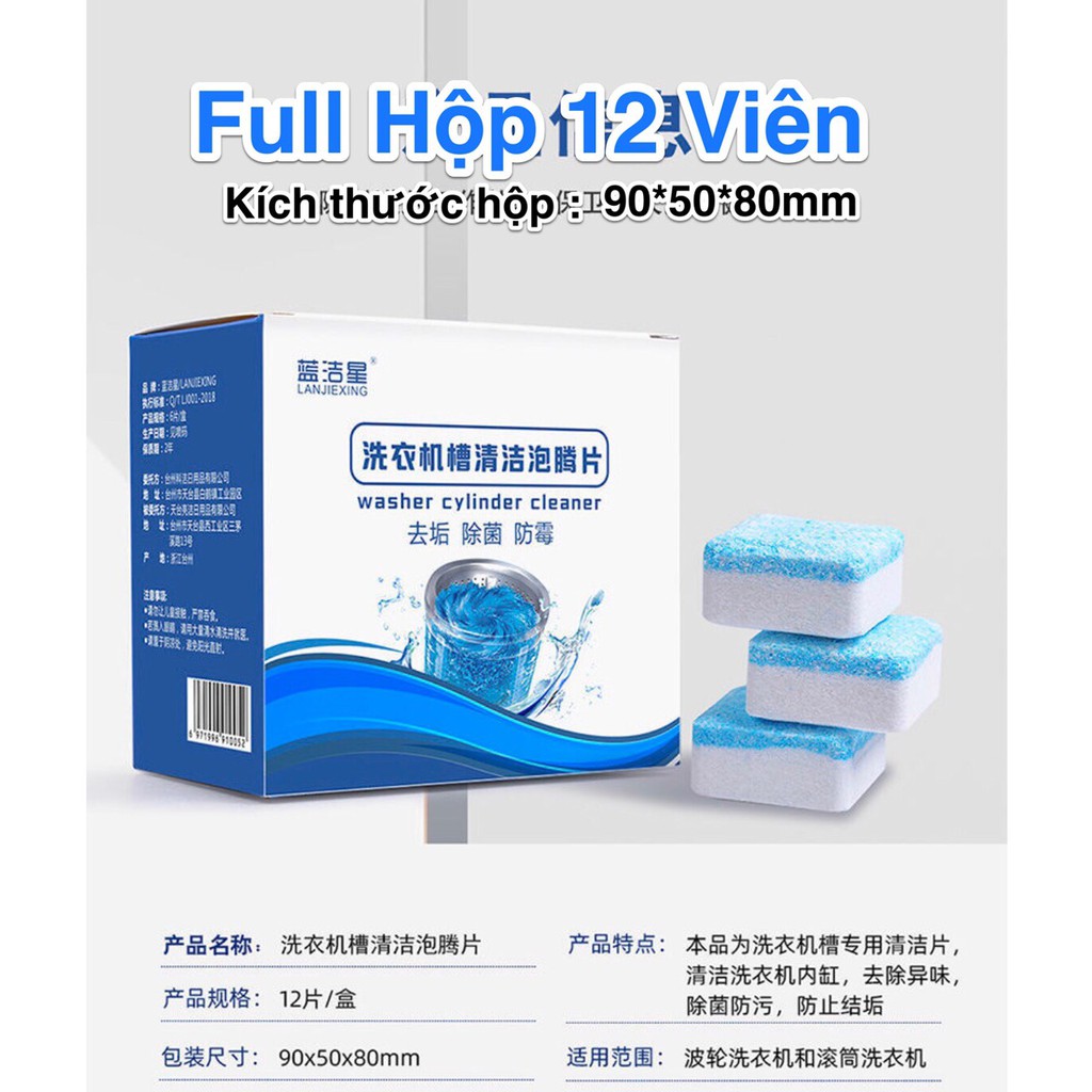 Hộp 12 Viên Tẩy Vệ Sinh Lồng Máy Giặt - Diệt Khuẩn - Tẩy Cặn Bẩn Máy Giặt