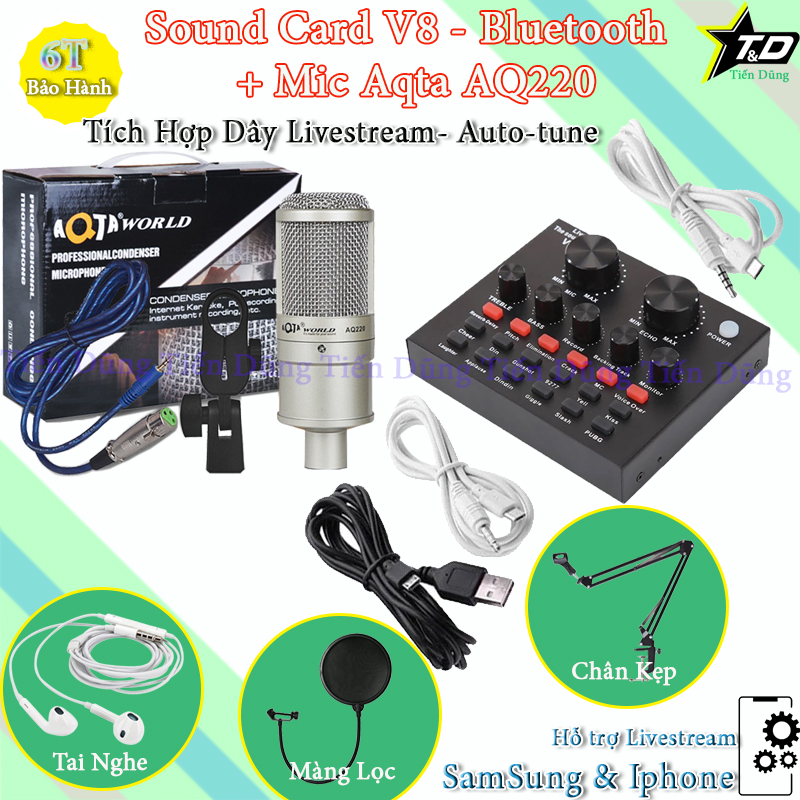 Combo thu âm Aqta AQ220 Sound card v8 có auto-tune chân màng tai nghe -