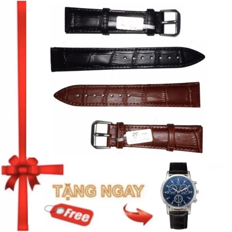 Bộ 2 dây đồng hồ đen và nâu da bò thật 100% Ancom GL + Tặng Đồng hồ nam thời trang YZL V722 bán chạy