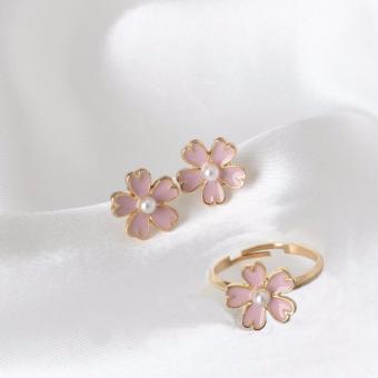 Bộ nhẫn và bông tai Sakura Hồng xinh  