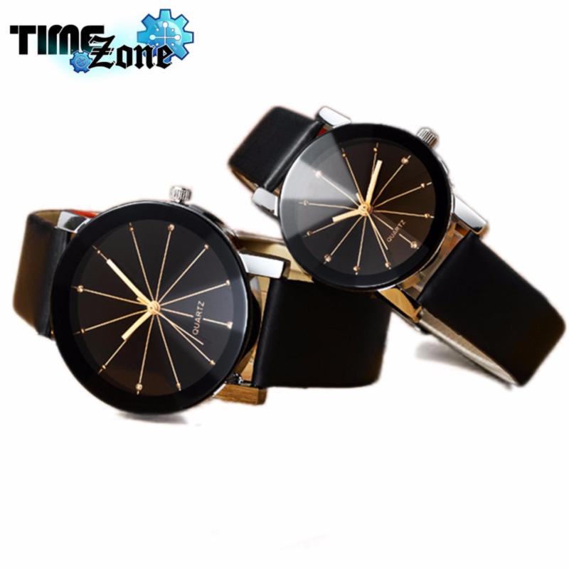 Nơi bán Đồng hồ cặp TimeZone mặt đá Thạch Anh dây da (Mặt Đen, Dây Đen)