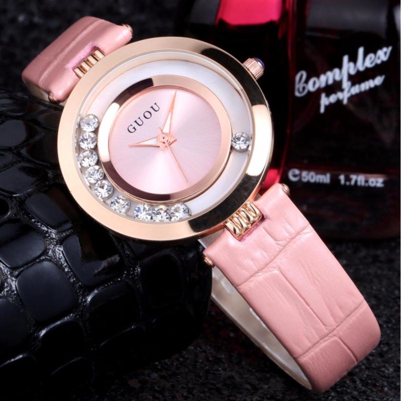 Đồng hồ dây da thời trang Guou TPO-Gu0617 (hồng) tặng  bông tai bạc đính đá bán chạy