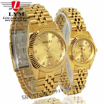 Đồng hồ đôi nam nữ dây thép mạ vàng cao cấp thời trang HALEI 356M (vàng)  