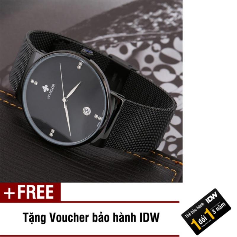Nơi bán Đồng hồ nam dây thép không gỉ cao cấp Wwoor IDW 4921 (Dây đen mặt đen) + Tặng kèm voucher bảo hành IDW
