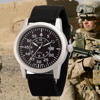 Đồng hồ nam dây vải dù quân đội SINO JAPAN MOVT SN8866 (Dây đen mặt đen viền bạc)  