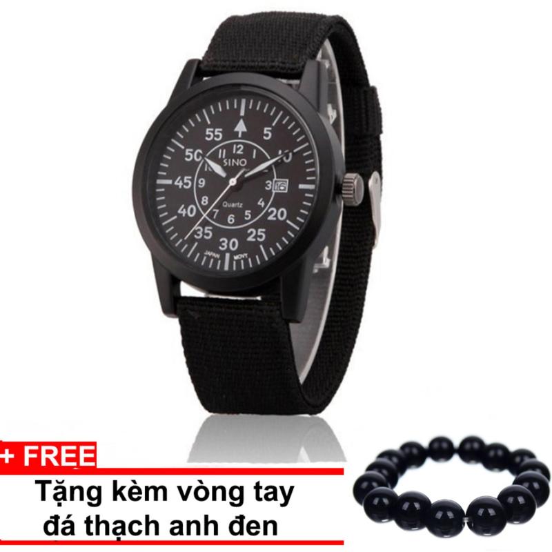 Đồng hồ nam dây vải quân đội SINO JAPAN MOVT S8868 (Đen) + Tặng kèm vòng tay thạch anh đen bán chạy
