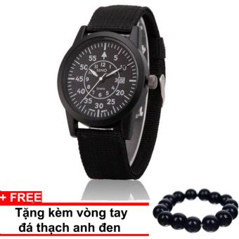 Đồng hồ nam dây vải quân đội SINO JAPAN MOVT S8868 (Đen) + Tặng kèm vòng tay thạch anh đen...
