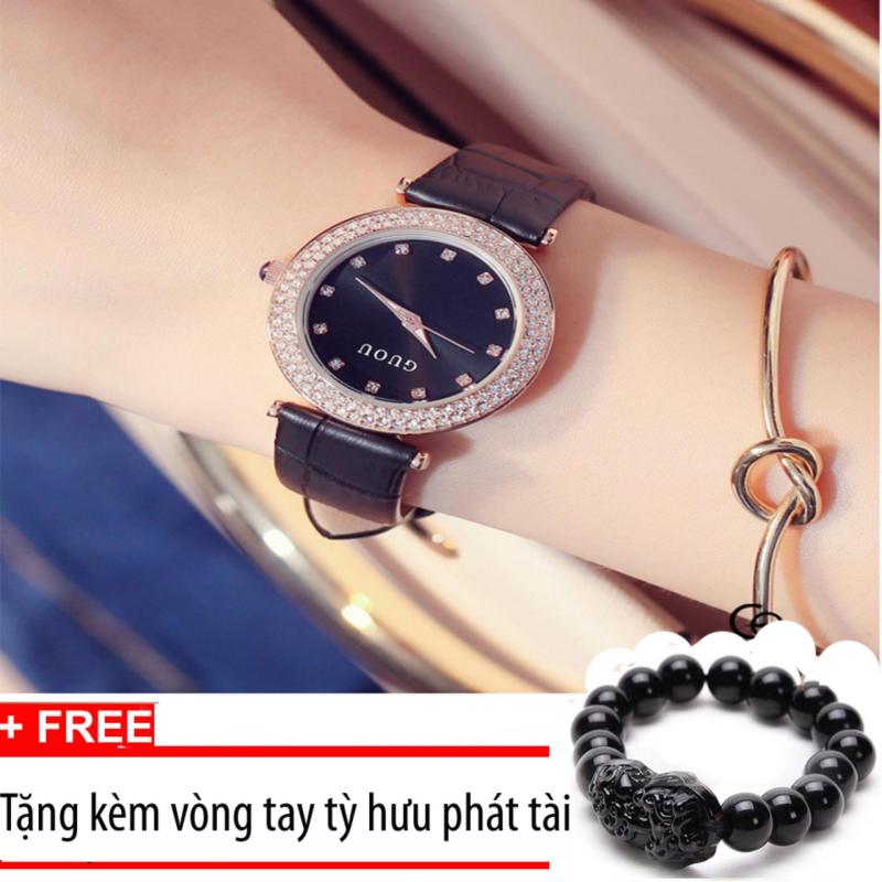 Đồng hồ nữ dây da cao cấp Guou G8112 mặt đen+Tặng kèm vòng tay tỳ
hưu phát tài bán chạy