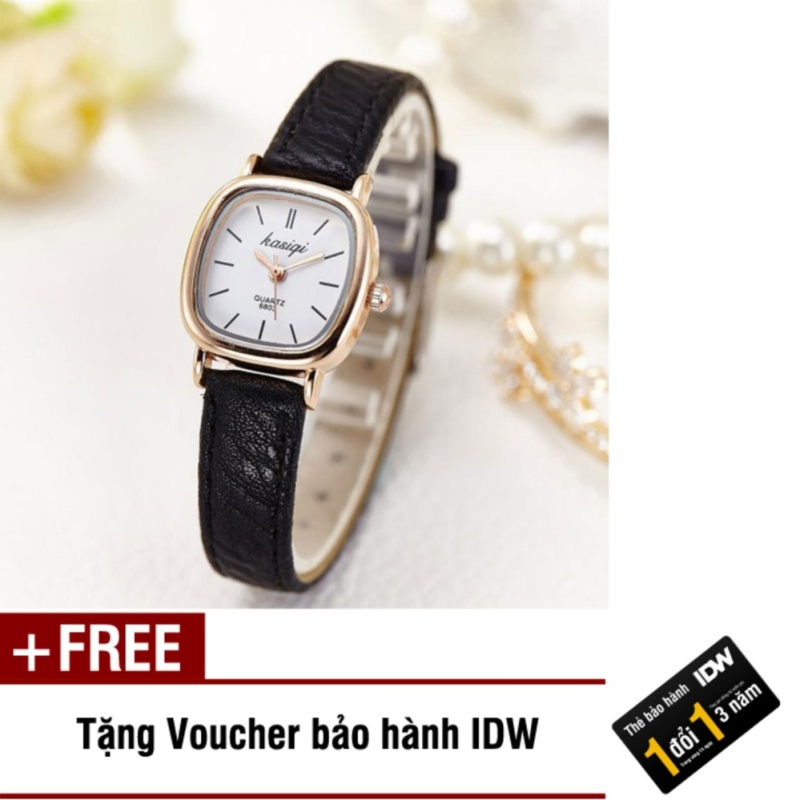Đồng hồ nữ dây da thời trang Kasiqi IDW 6732 (Dây đen vỏ vàng mặt trắng) + Tặng kèm voucher bảo hành IDW bán chạy