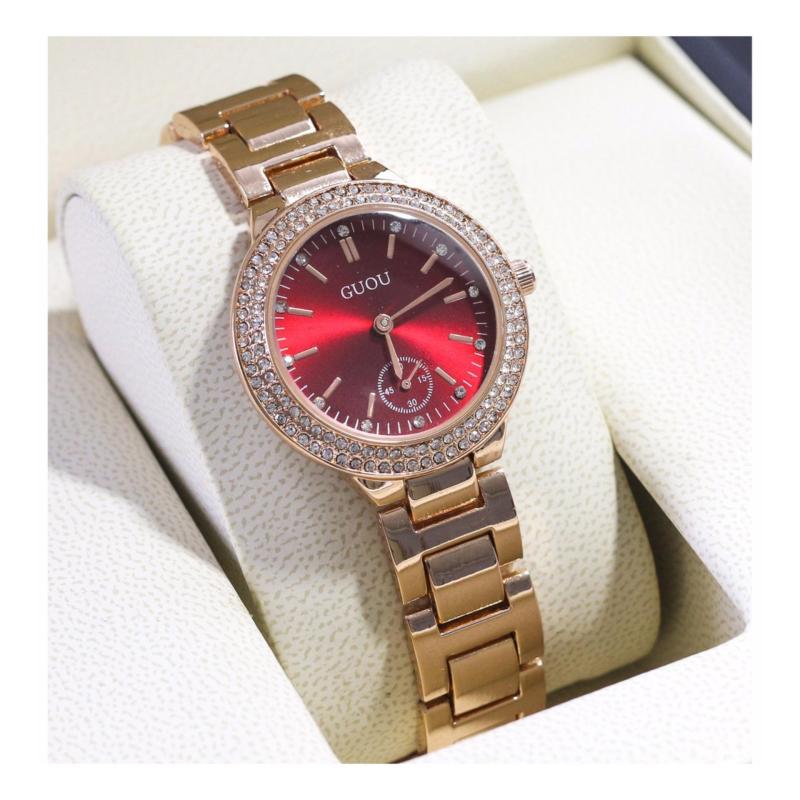 Giá bán Đồng hồ nữ GUOU CH271 màu vàng hồng đính đá - mặt đỏ