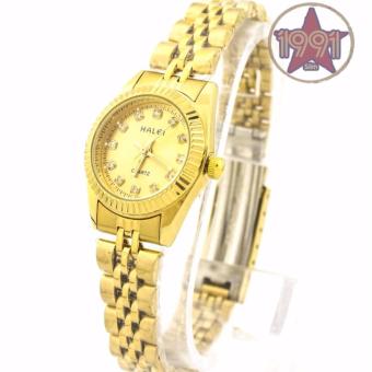Đồng hồ nữ HALEI 180 dây thép màu vàng đính đá chống nước - mặt vàng  