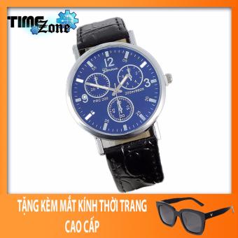 Đồng hồ Unisex dây da cá sấu TimeZone Geneva Golden (Dây Đen, Mặt Xanh) + Tặng Kèm Mắt Kính Thời...