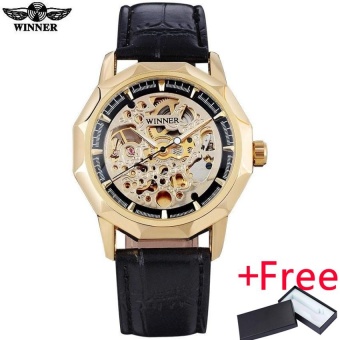 WINNER fashion brand men mechanical watches leather strap men's automatic skeleton black watches male wristwatches reloj hombre - intl  