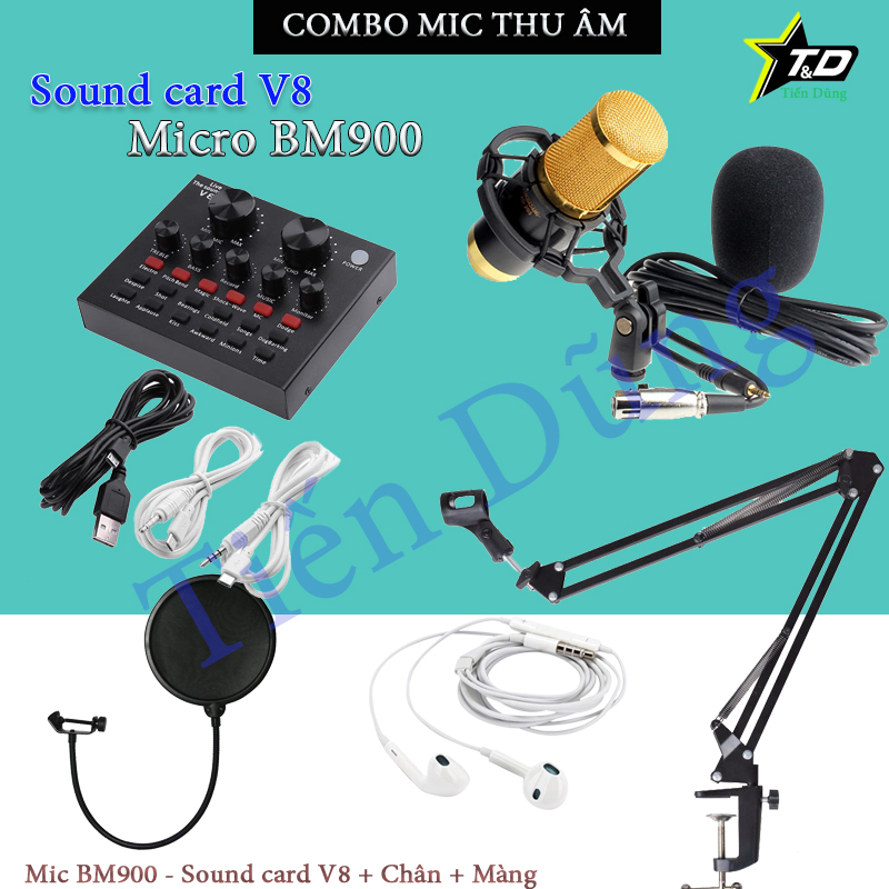 Combo bộ mic thu âm BM900 soud card V8 tiếng anh có chỉnh Auto-tune Chân-màng-