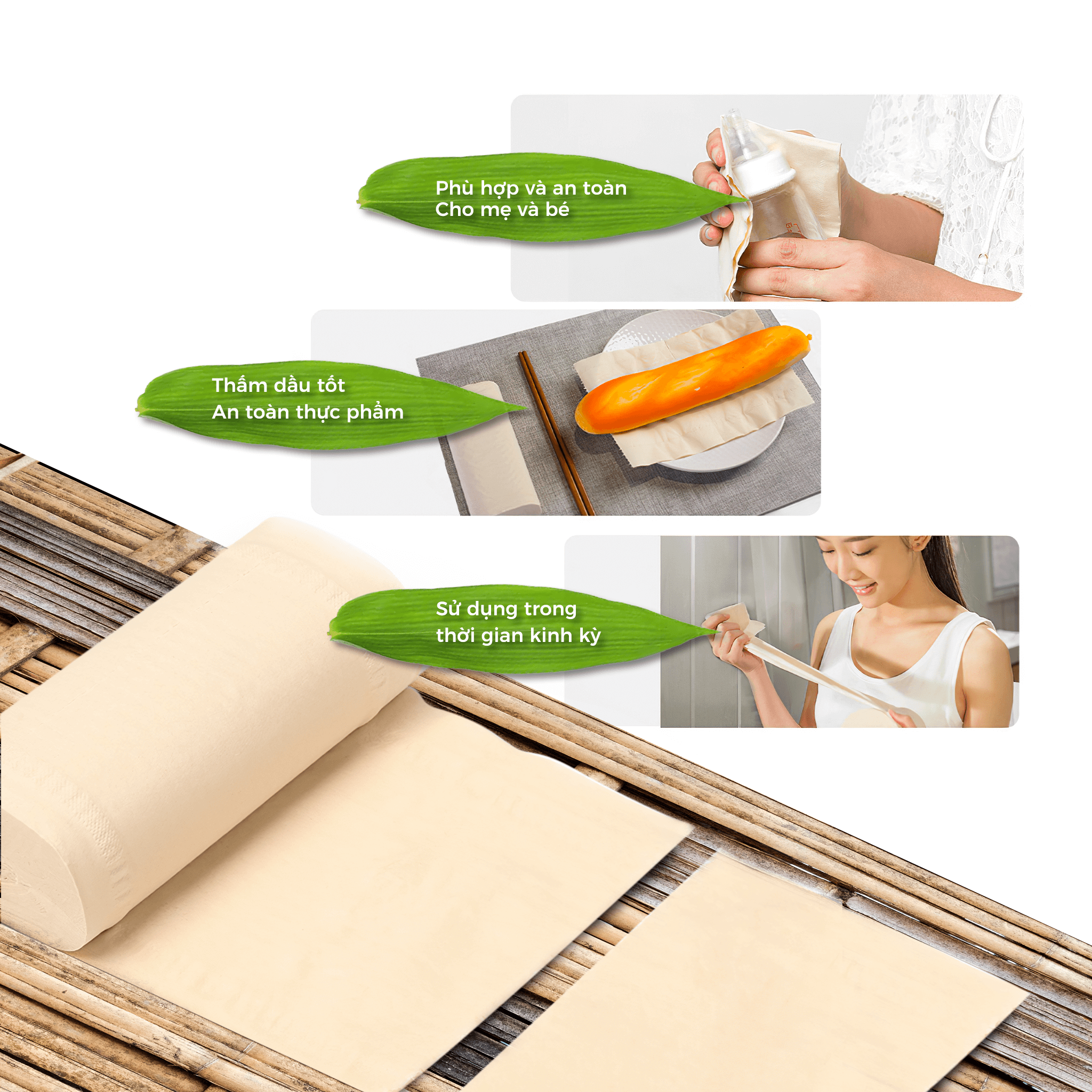 Khăn giấy tre Fudo - Combo (4 gói giấy rút + 10 cuộn không lõi) - Giấy vệ sinh Fudo: 100% bột tre, không tạo mùi, không tẩy trắng